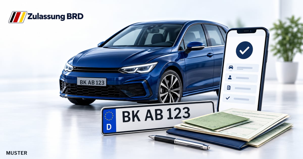 Online Fahrzeugzulassung in Landkreis Schwäbisch Hall: Musterkennzeichen BK AB 123, Auto und Fahrzeugpapiere und Smartphone. Illustration mit Logo von Zulassung BRD.